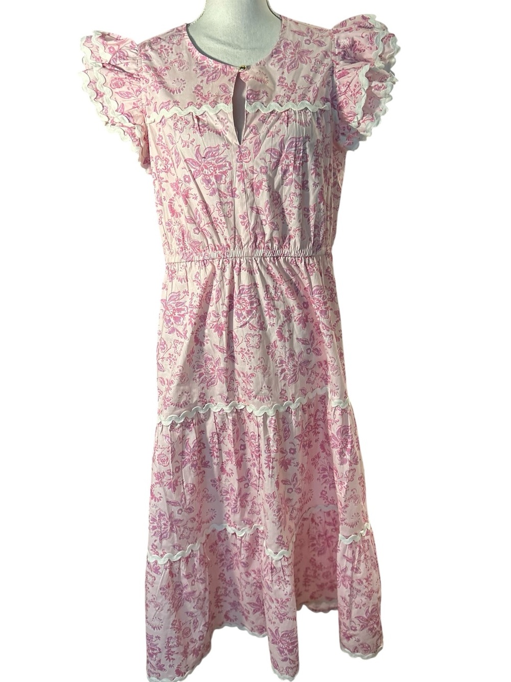 Sail to Sable Pink Floral Midi Dress with Ruffle Hem and Flutter Short Sleeves - Picture 2 of 9